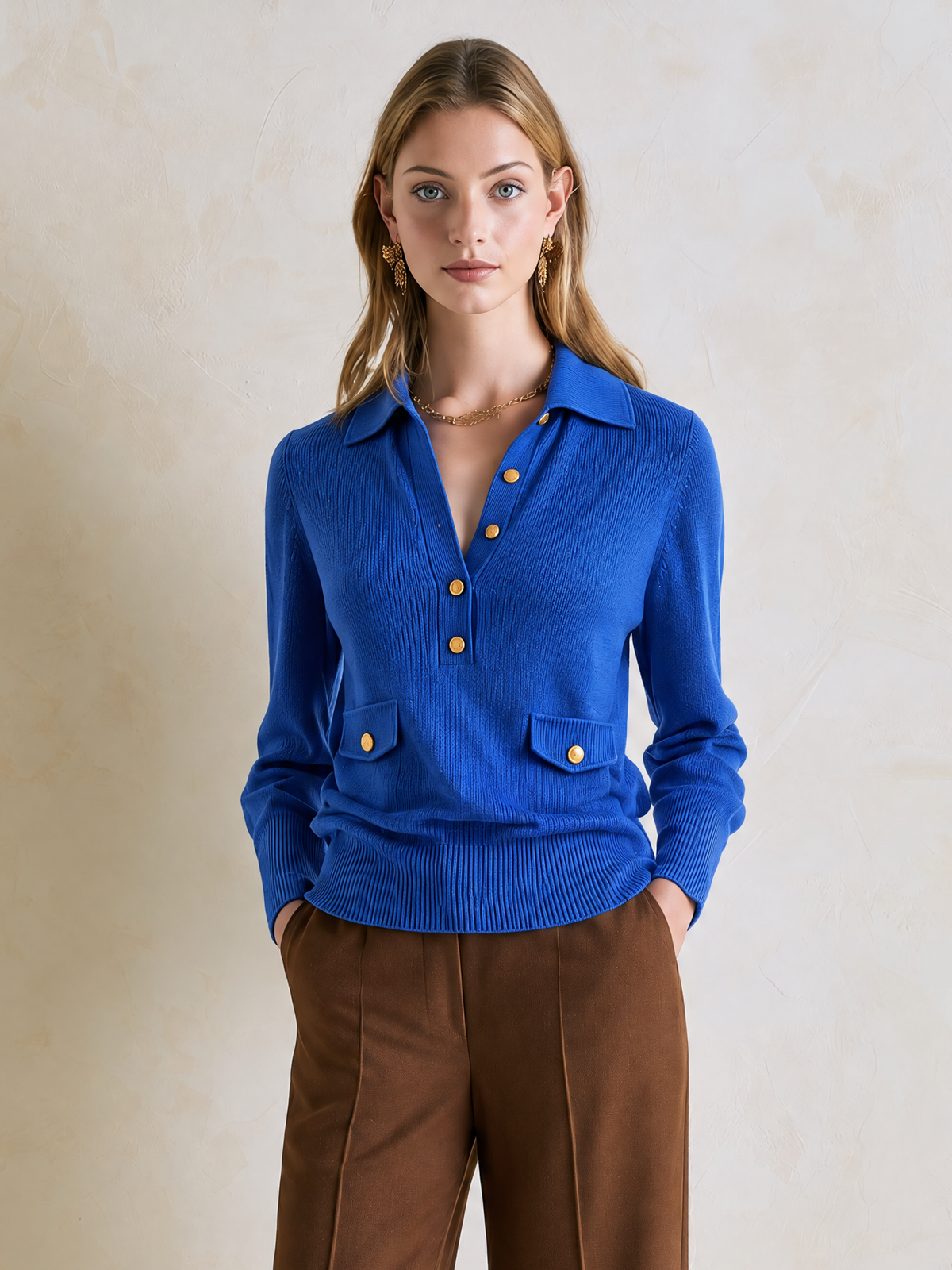 Elegant Royal Blue Polo-Collar Knit Top With Gold-Tone Button Details
