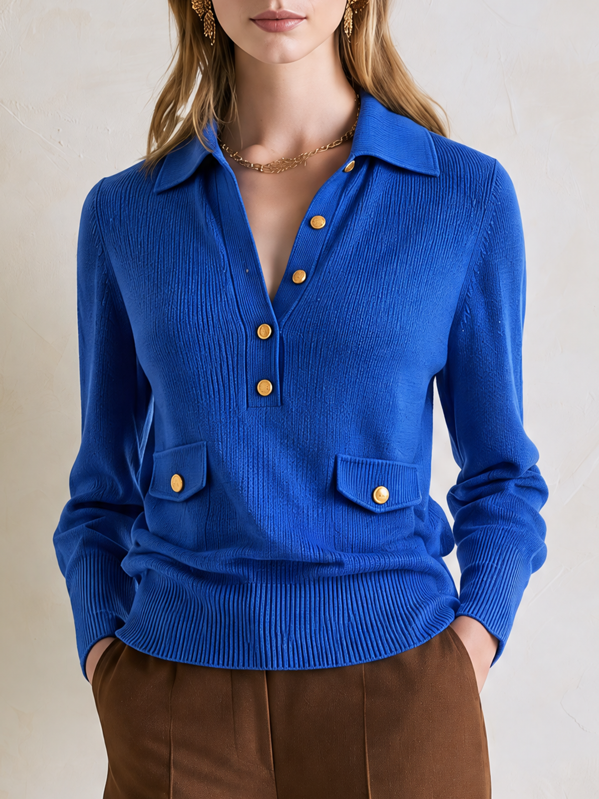 Elegant Royal Blue Polo-Collar Knit Top With Gold-Tone Button Details