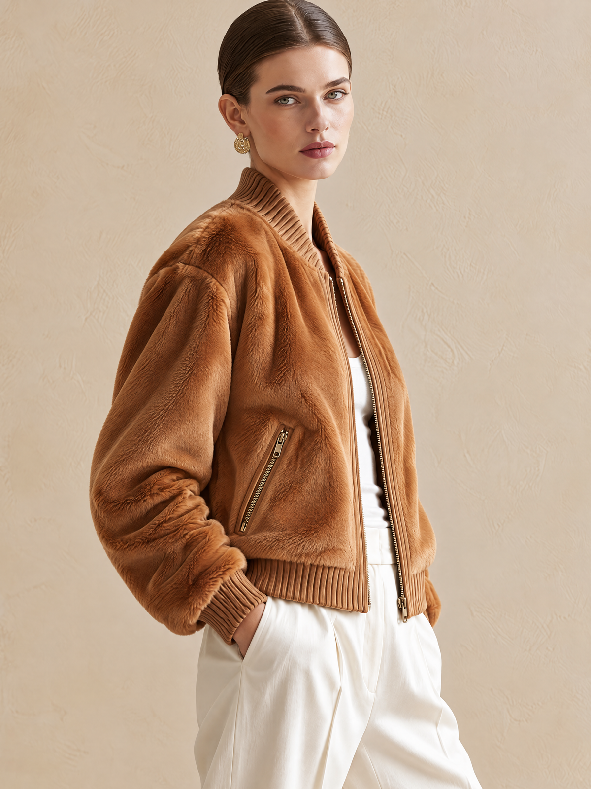 Elegant Caramel Brown Short-Pile Jacket With Ribbed Knit Trim