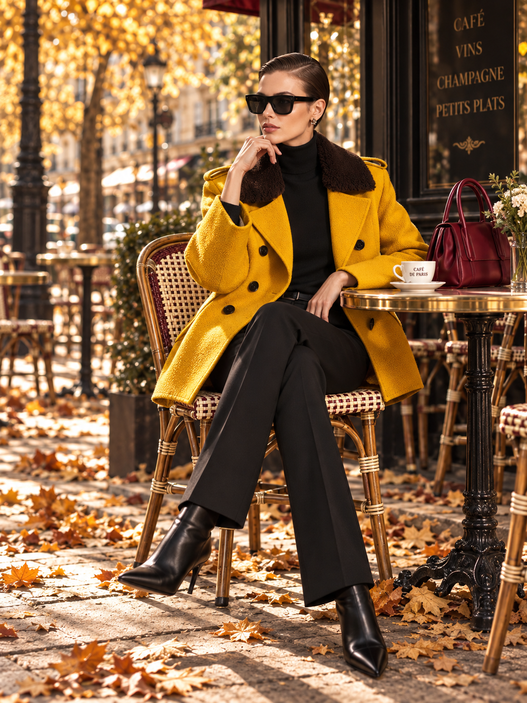 Mustard Double-Breasted Wool-Blend Coat With Faux Fur Collar And Flared Sleeves