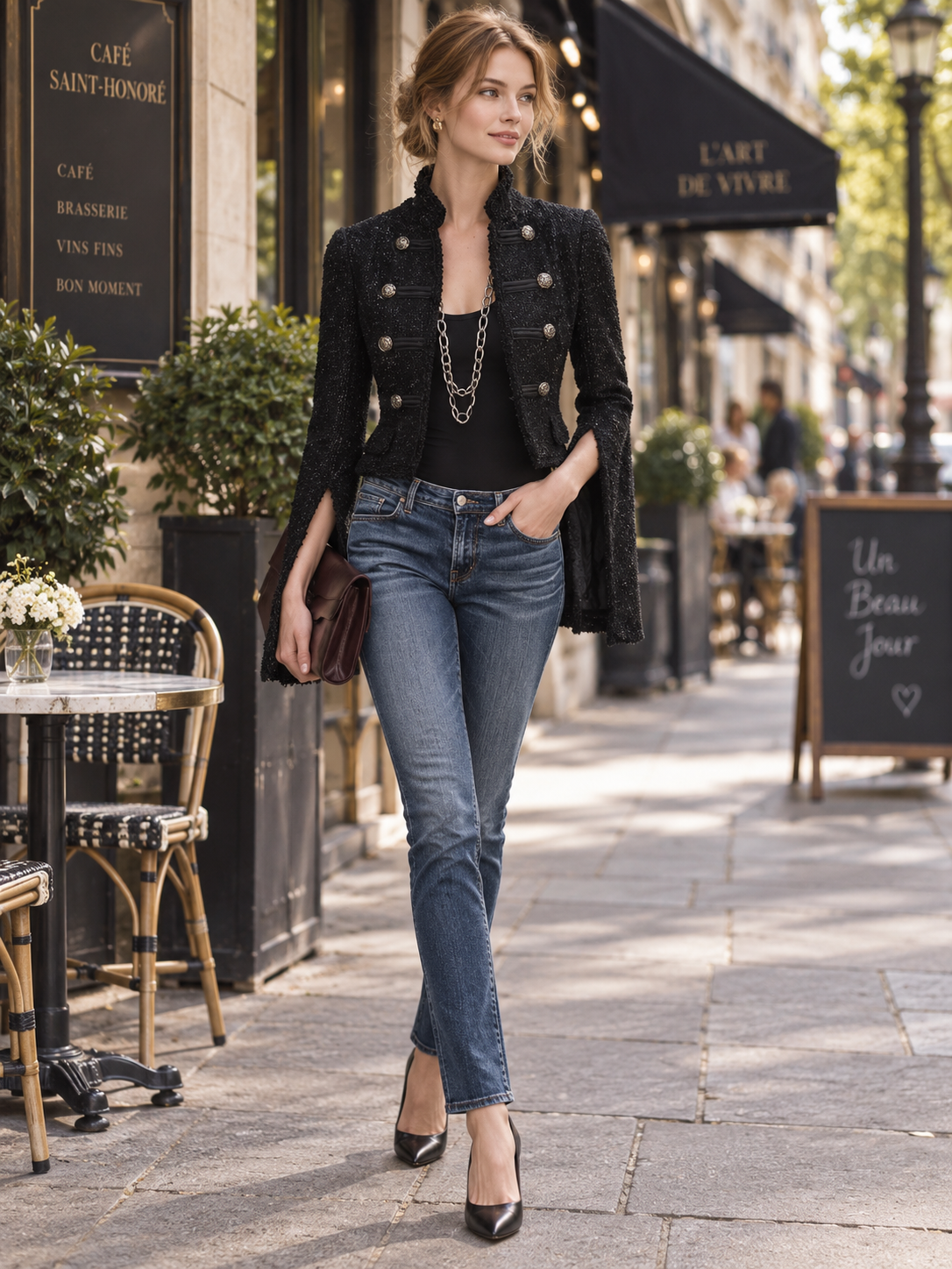Black Textured Cropped Military-style Jacket With A Double-breasted Design