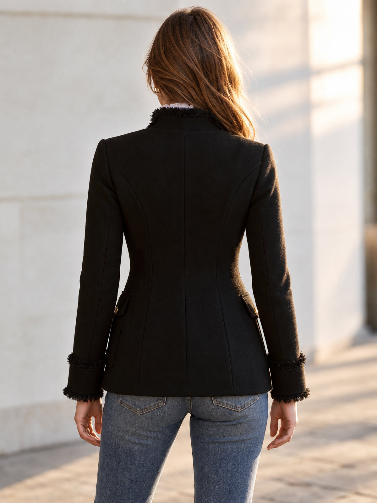 Elegant Multi-Pocket Fringe Trim Coat