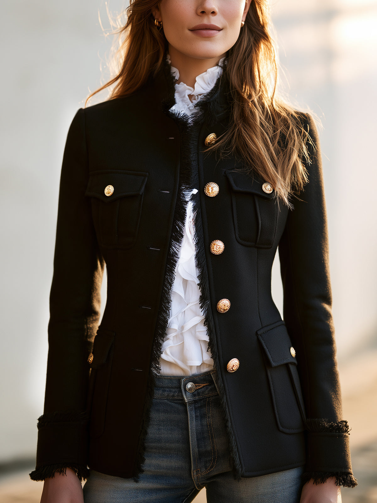Elegant Multi-Pocket Fringe Trim Coat