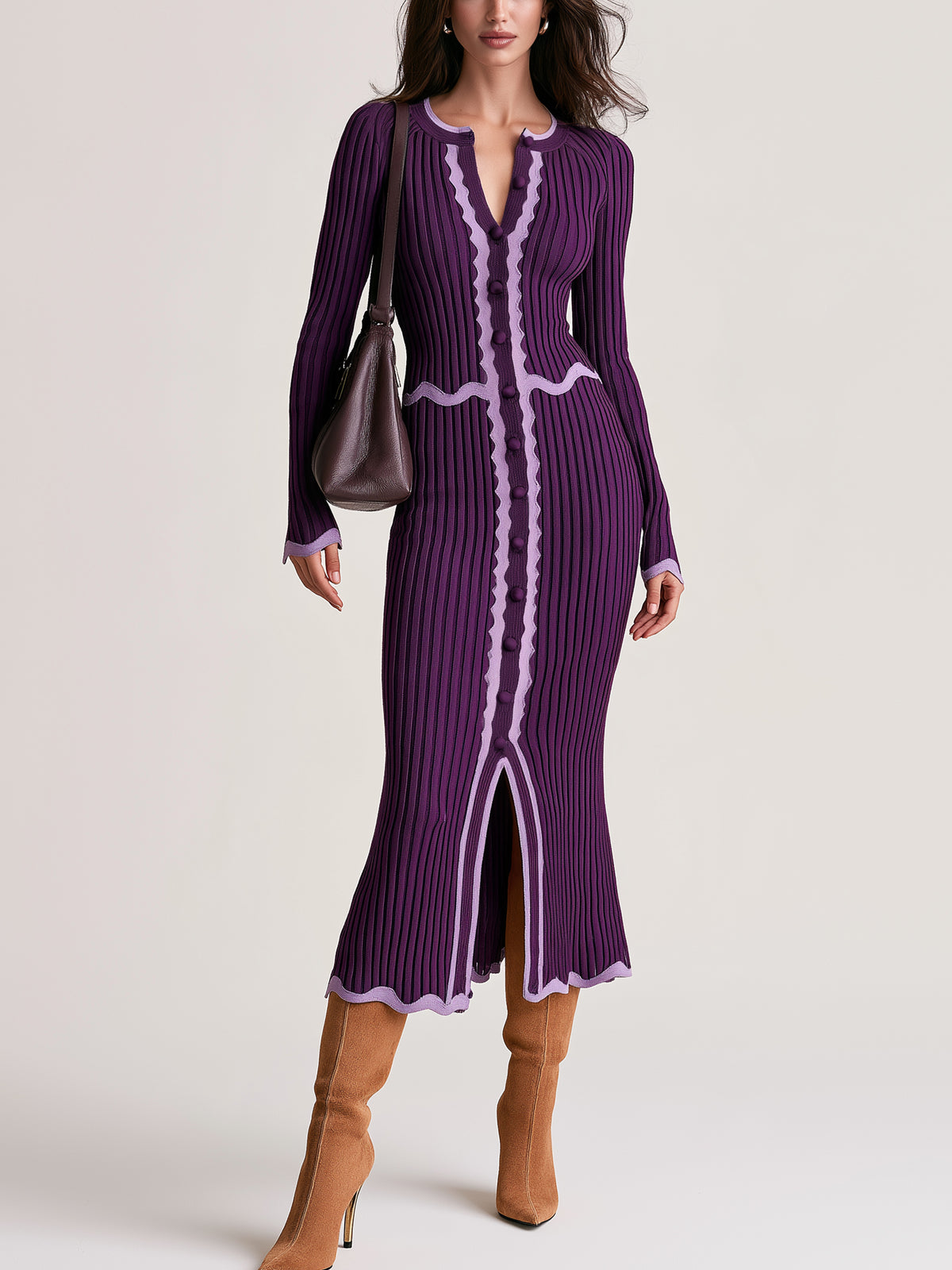 Scalloped Edge & Front Slit Knit Midi Dress