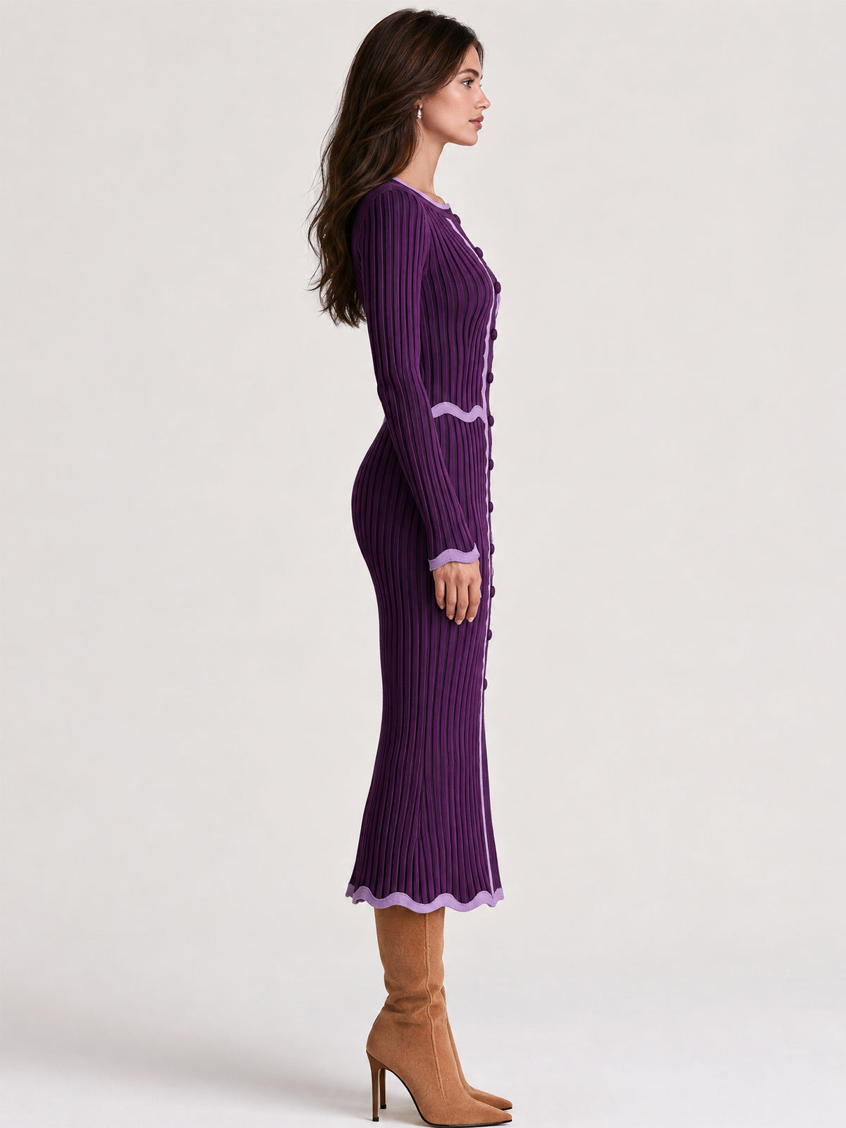 Scalloped Edge & Front Slit Knit Midi Dress