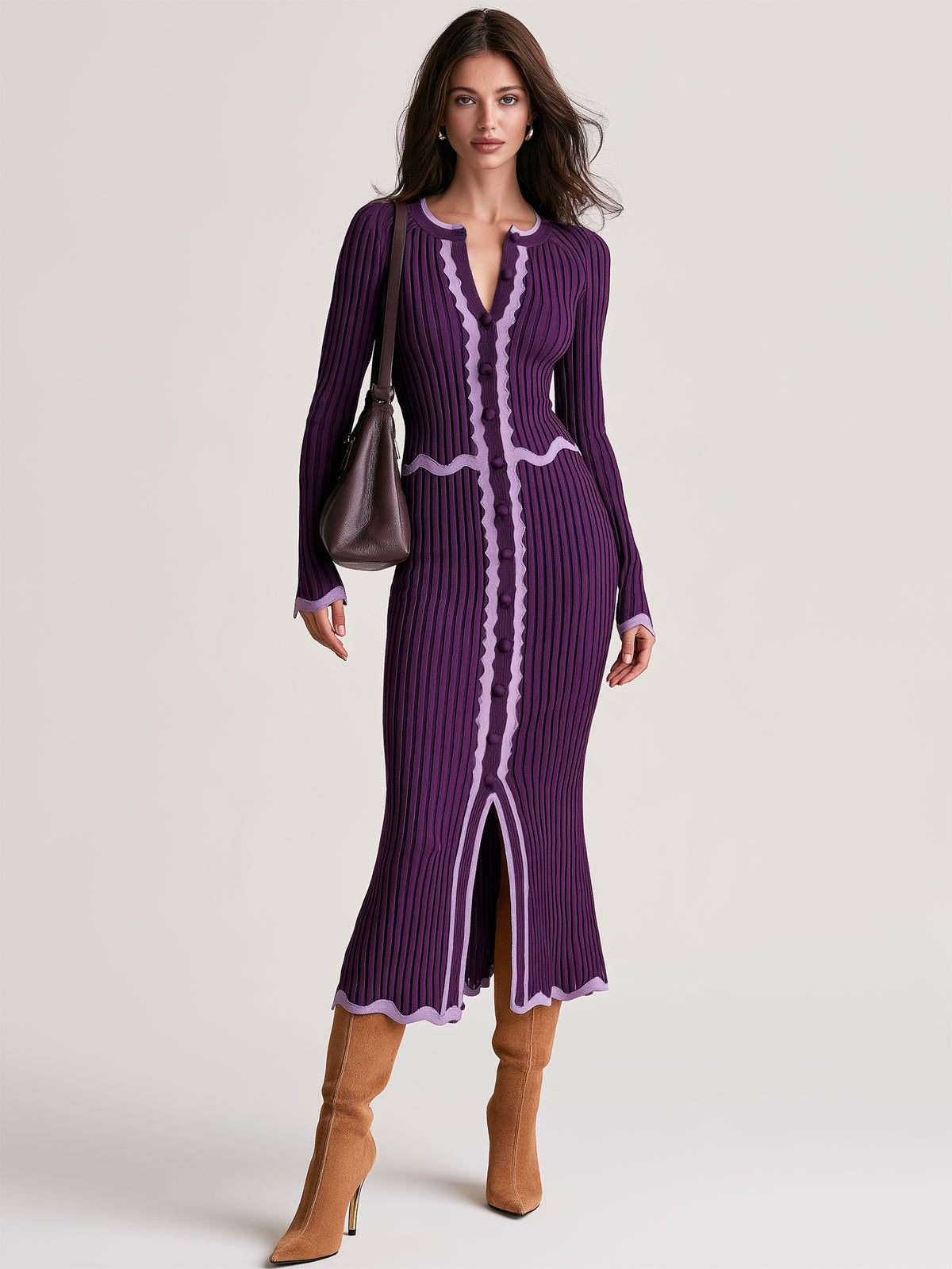 Scalloped Edge & Front Slit Knit Midi Dress