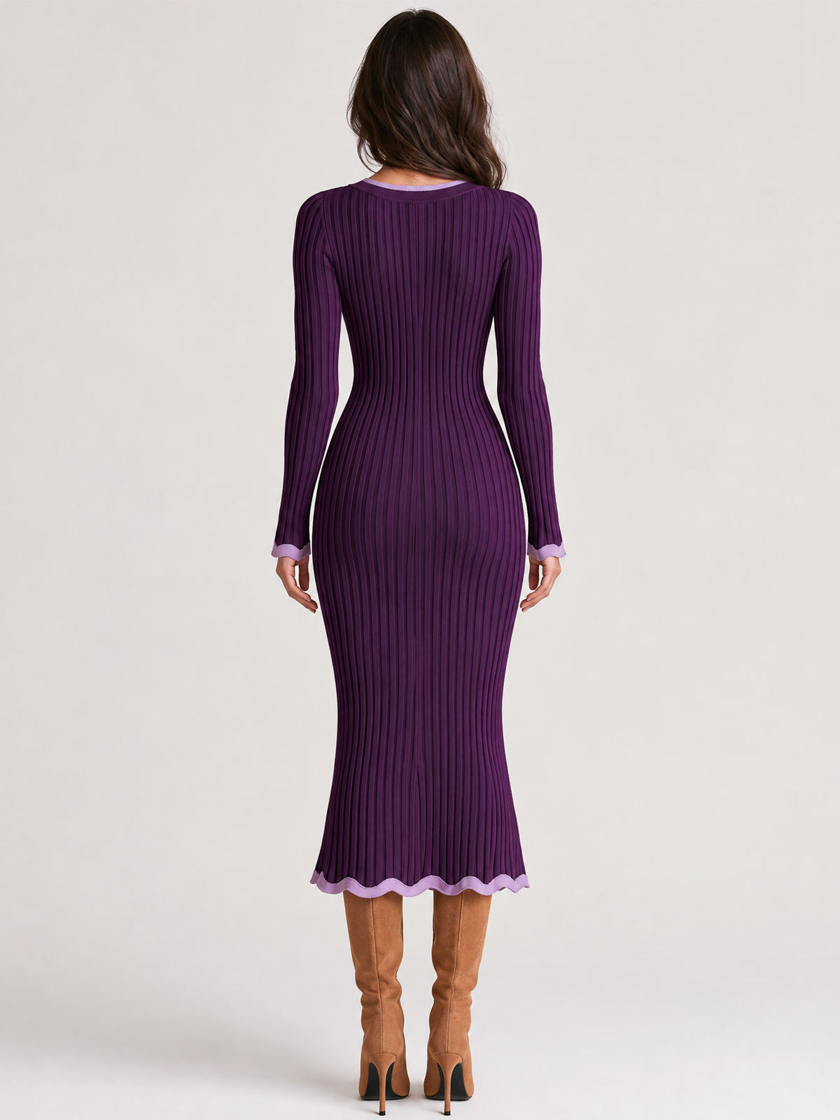 Scalloped Edge & Front Slit Knit Midi Dress