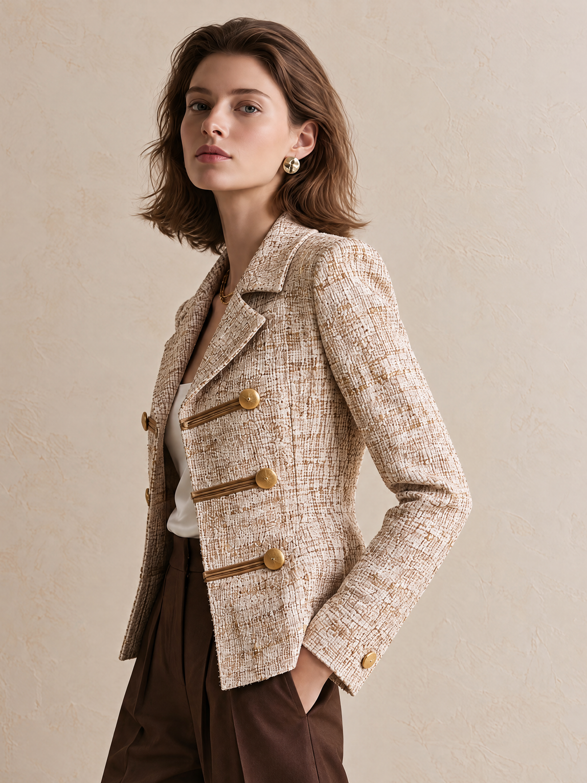 Elegant Ivory & Champagne Tweed Blazer With Gold-Tone Button Details