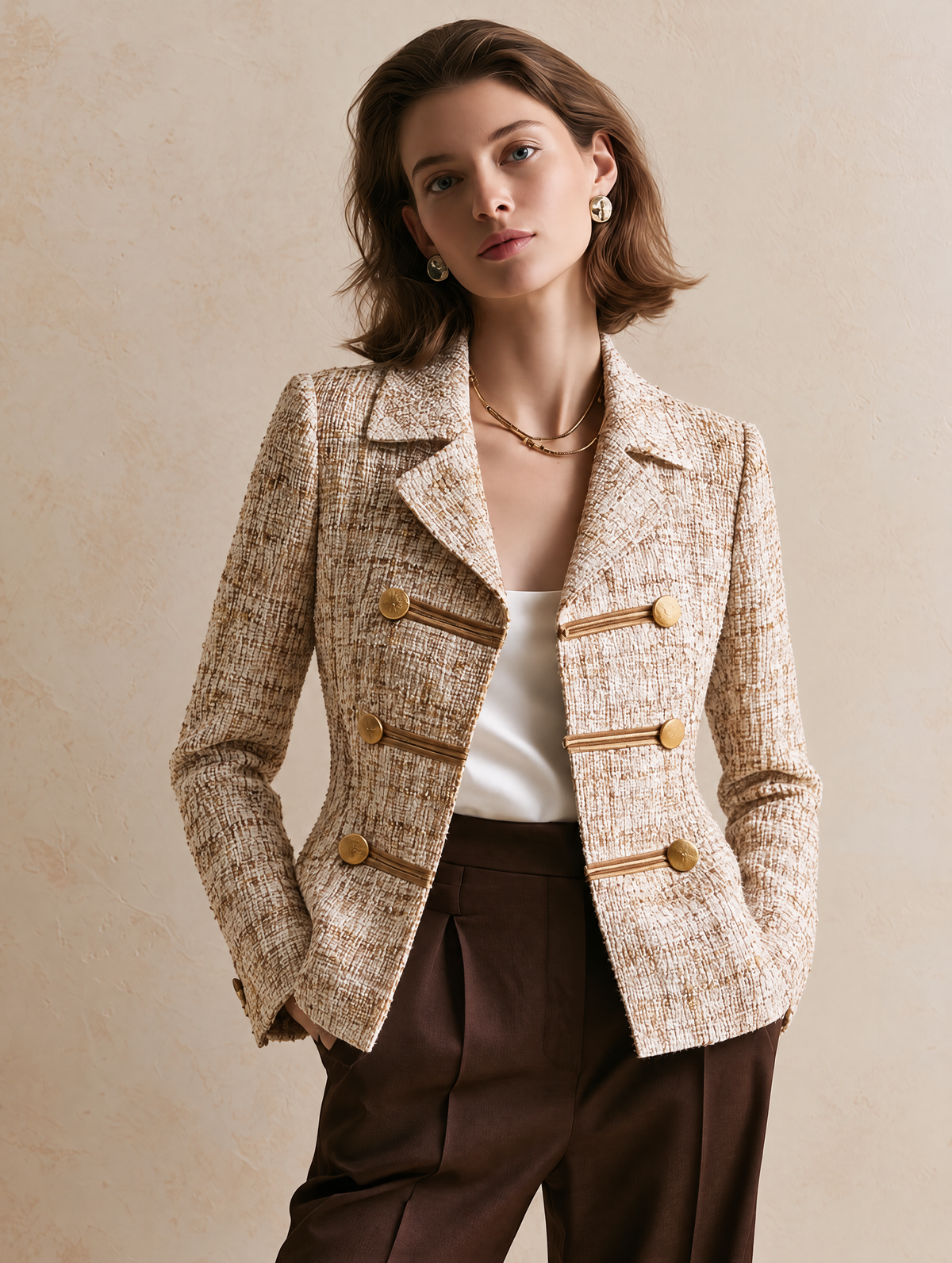 Elegant Ivory & Champagne Tweed Blazer With Gold-Tone Button Details