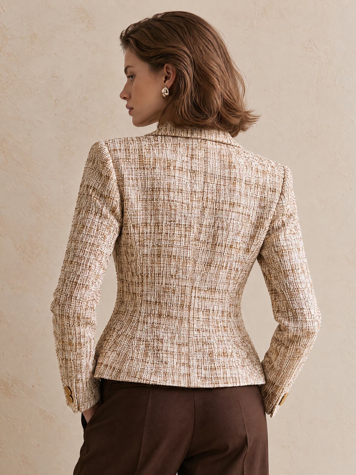 Elegant Ivory & Champagne Tweed Blazer With Gold-Tone Button Details