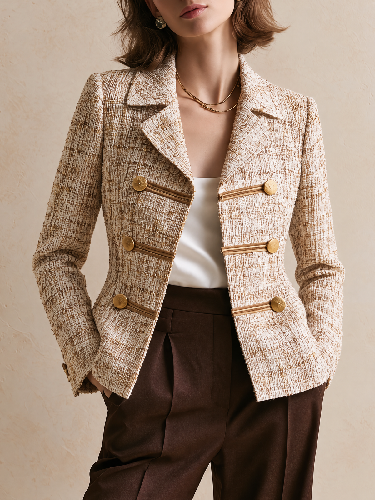 Elegant Ivory & Champagne Tweed Blazer With Gold-Tone Button Details