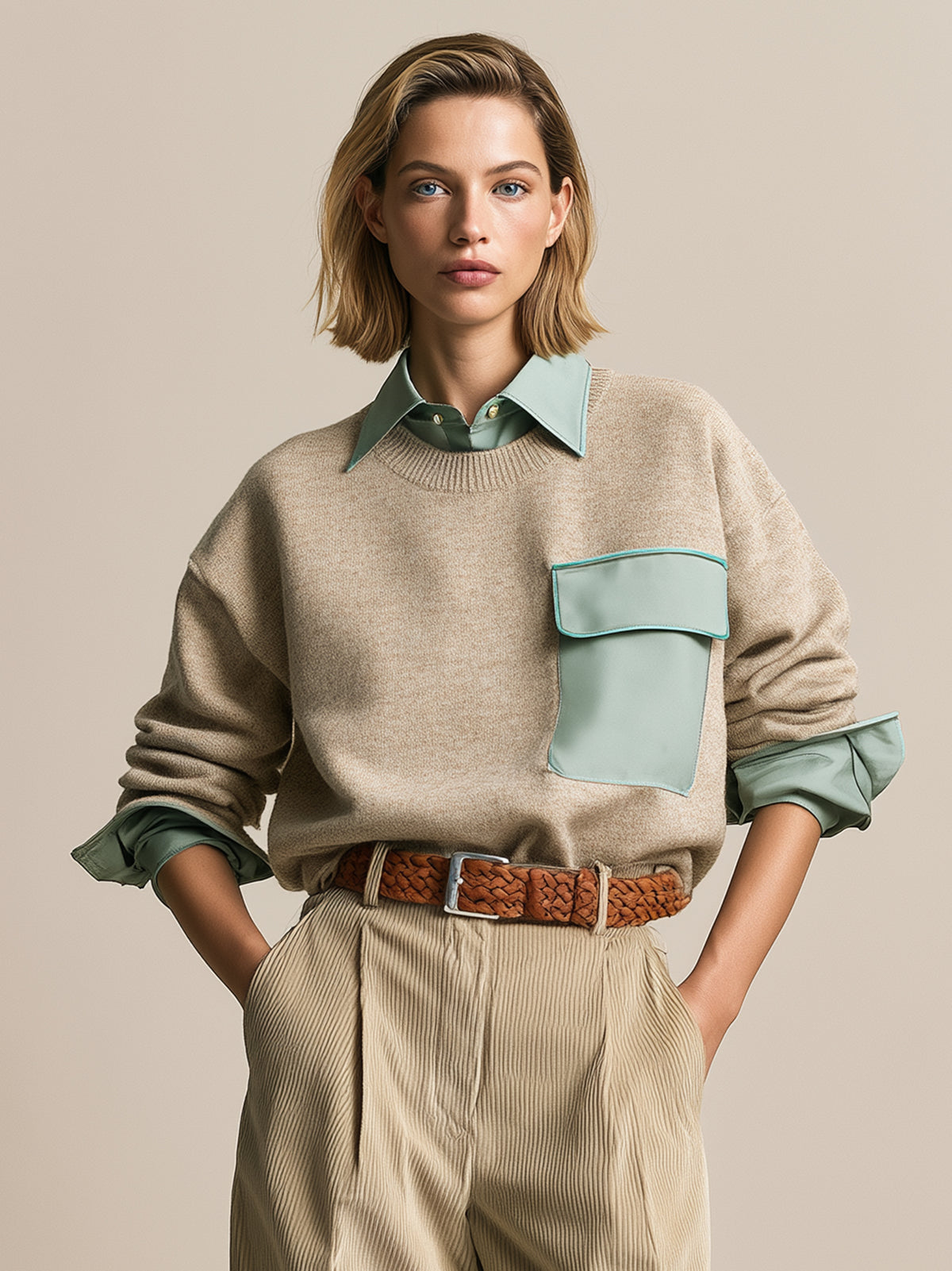 Beige Crewneck Knit Sweater With Sage Green Shirt Collar And Utility Pocket