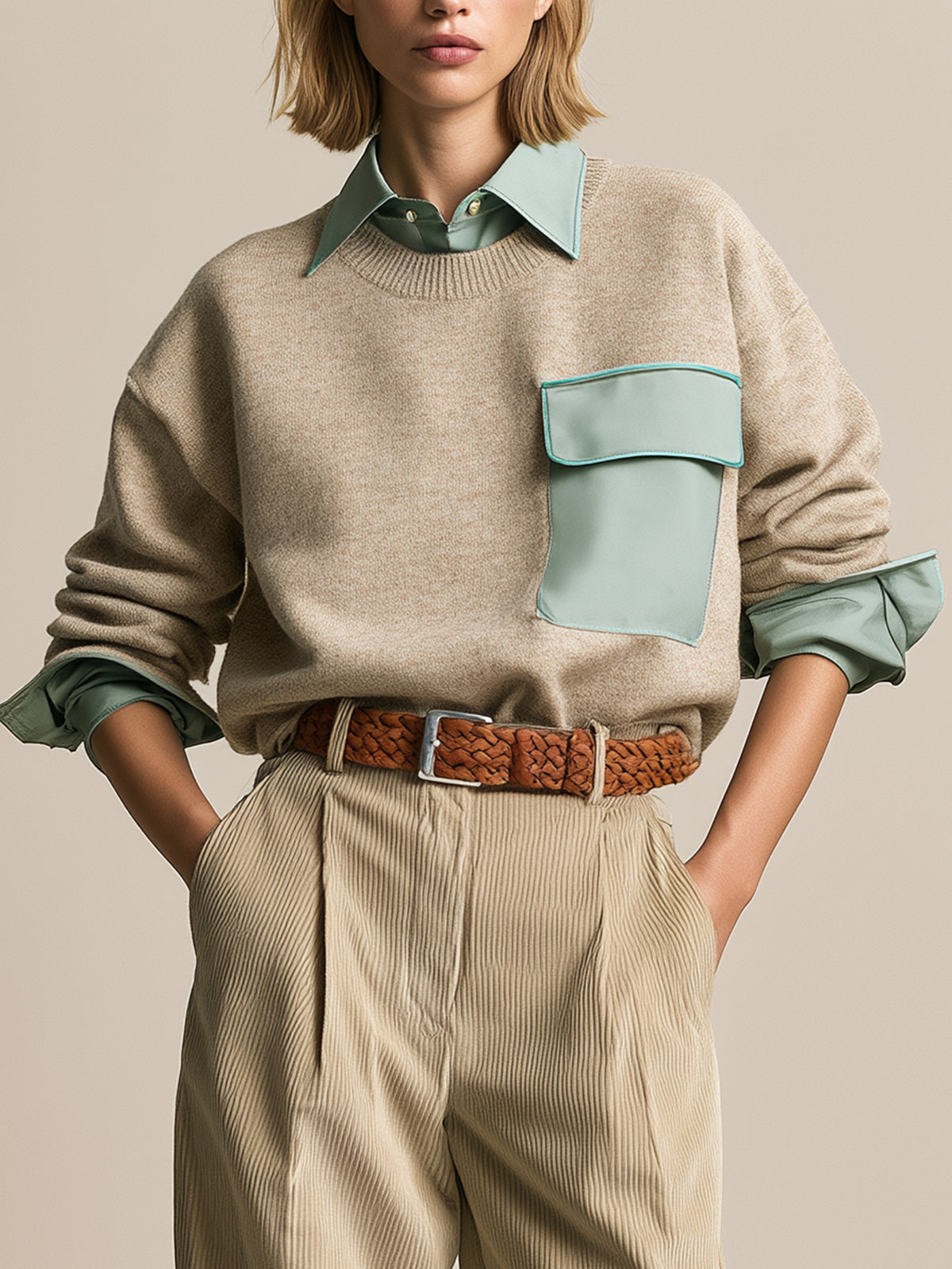 Beige Crewneck Knit Sweater With Sage Green Shirt Collar And Utility Pocket