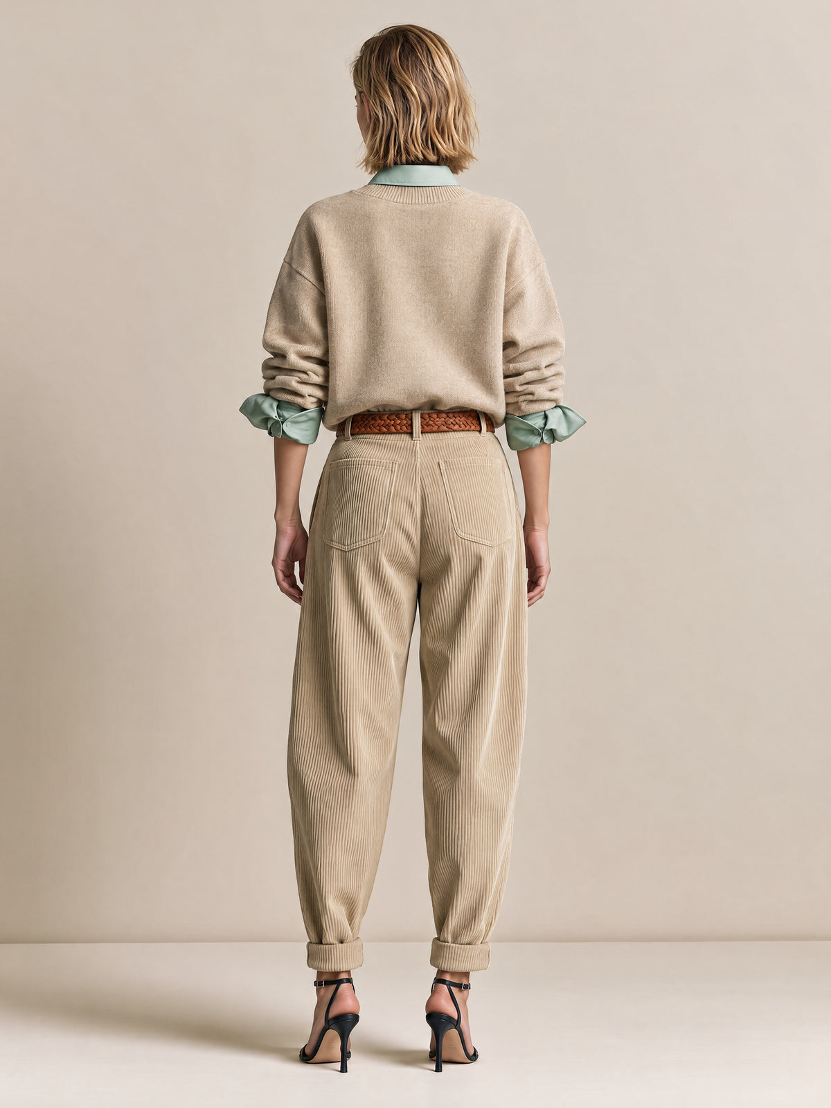 Beige Crewneck Knit Sweater With Sage Green Shirt Collar And Utility Pocket
