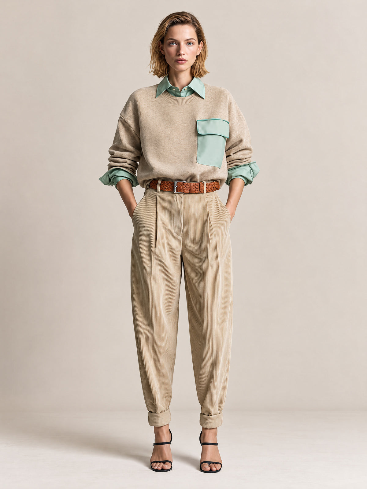 Beige Crewneck Knit Sweater With Sage Green Shirt Collar And Utility Pocket