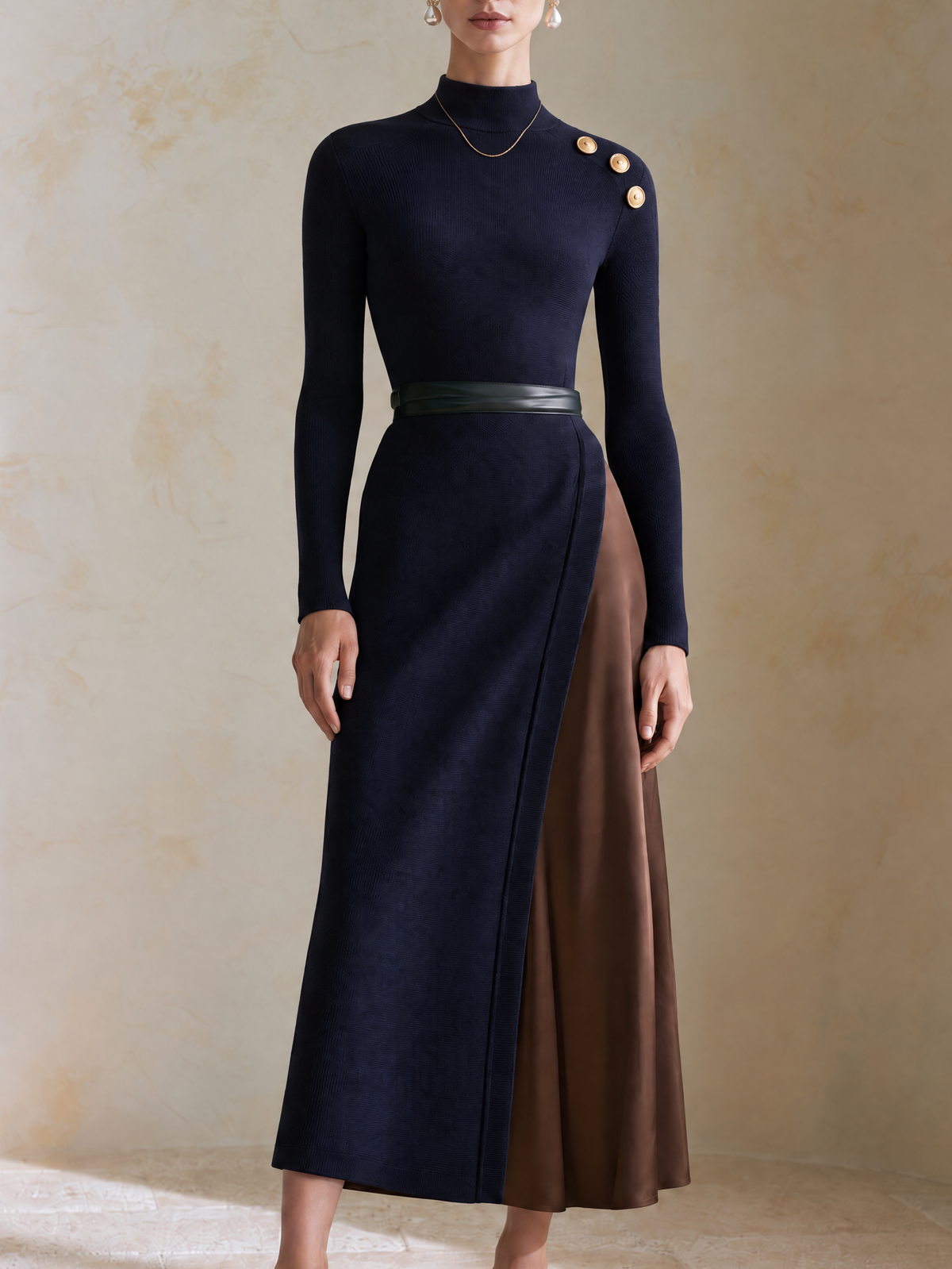 Elegant Navy Knit & Brown Satin Panel Midi Dress