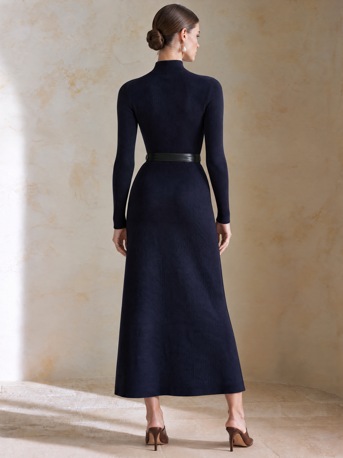 Elegant Navy Knit & Brown Satin Panel Midi Dress
