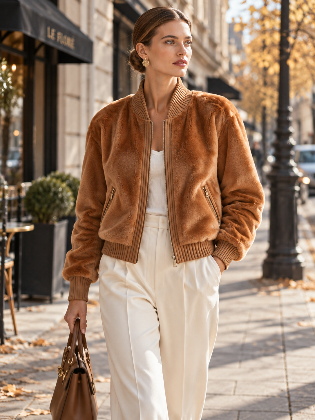 Elegant Caramel Brown Short-Pile Jacket With Ribbed Knit Trim