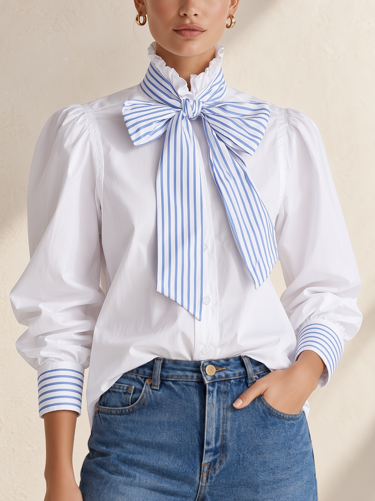 Blue White Striped Bow Ruffle Collar Puff Sleeve Cotton Shirt