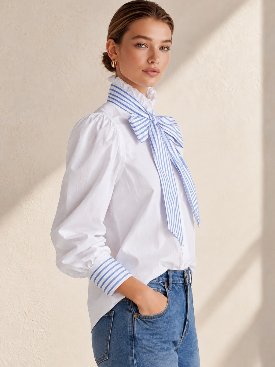 Blue White Striped Bow Ruffle Collar Puff Sleeve Cotton Shirt
