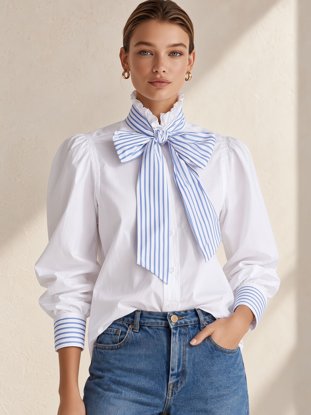 Blue White Striped Bow Ruffle Collar Puff Sleeve Cotton Shirt