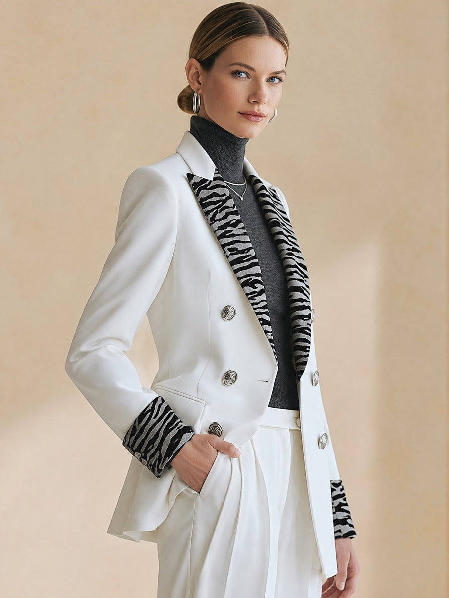 White Blazer With Zebra Print Lapel & Cuff