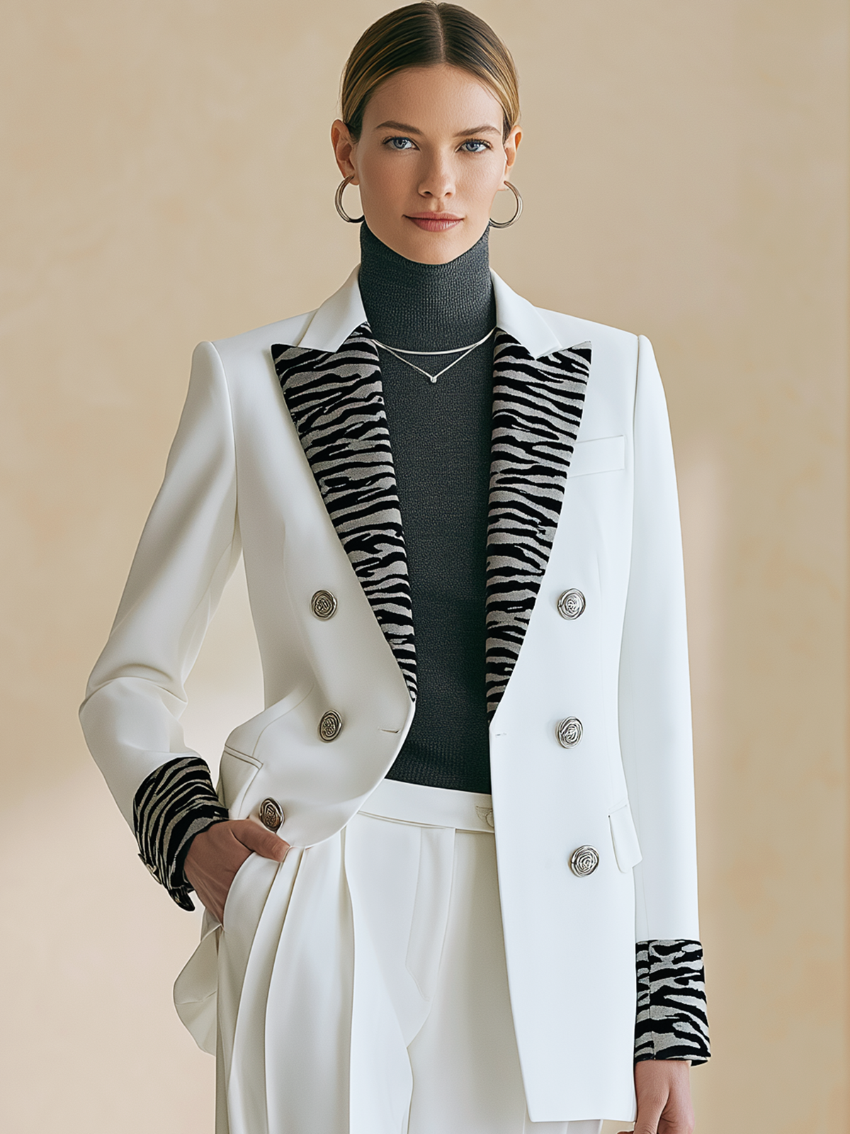 White Blazer With Zebra Print Lapel & Cuff