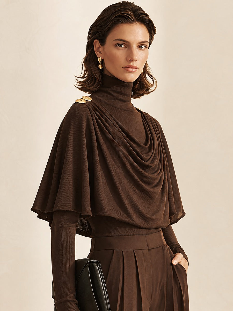 Draped Fake Two-Piece Turtleneck Long Sleeve Tee