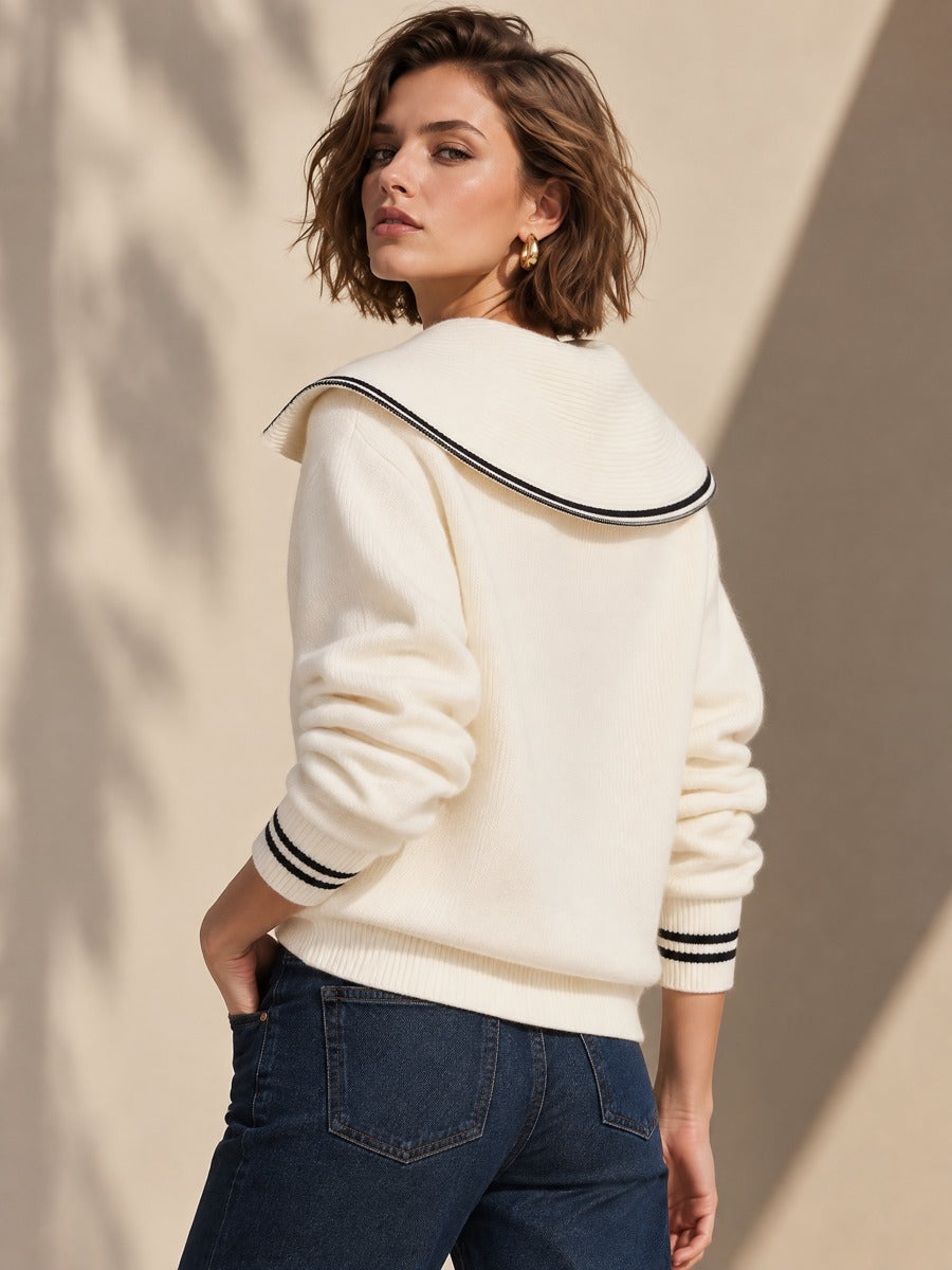 Cream Half-Zip Sailor Collar Striped Knit Sweater