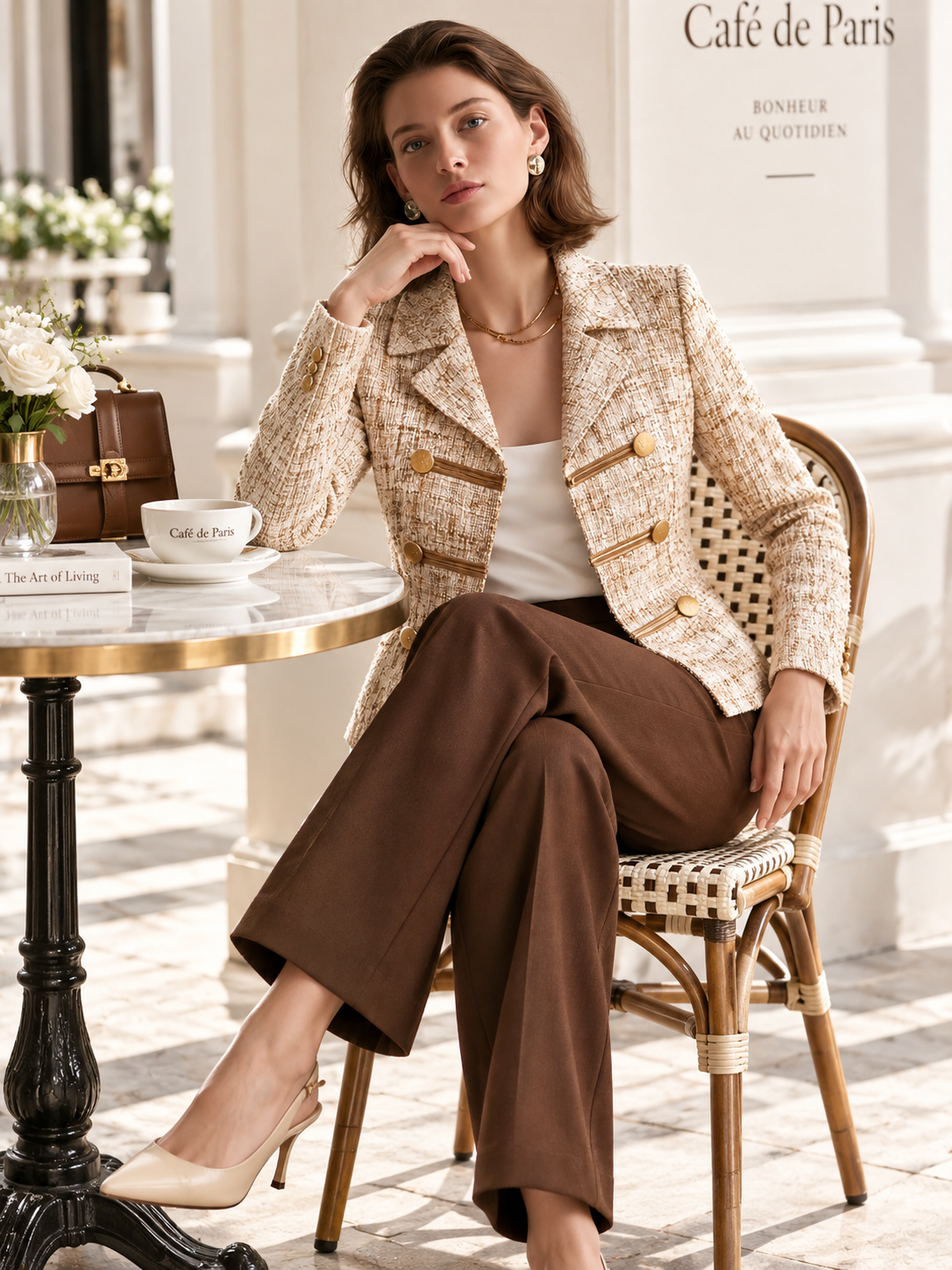 Elegant Ivory & Champagne Tweed Blazer With Gold-Tone Button Details