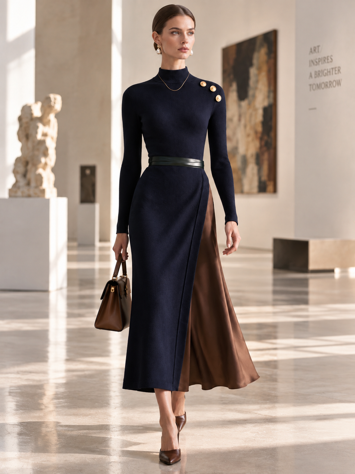 Elegant Navy Knit & Brown Satin Panel Midi Dress