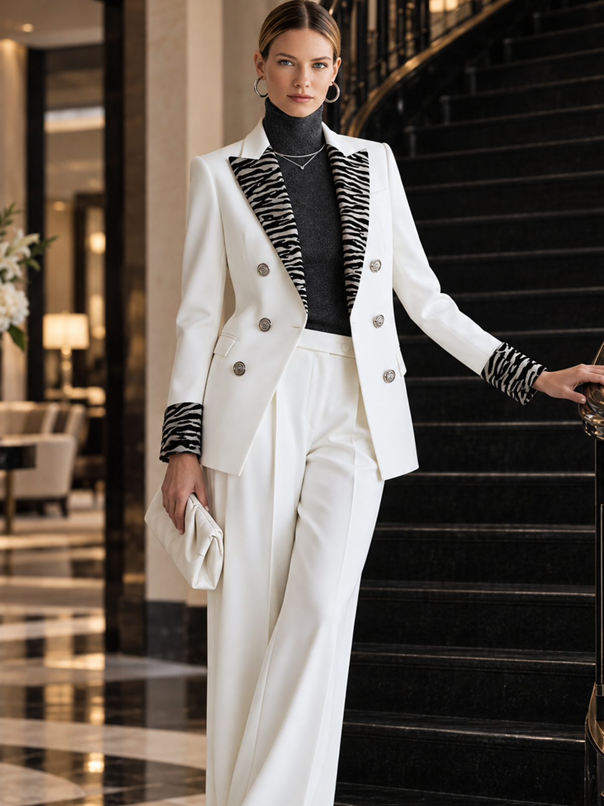 White Blazer With Zebra Print Lapel & Cuff