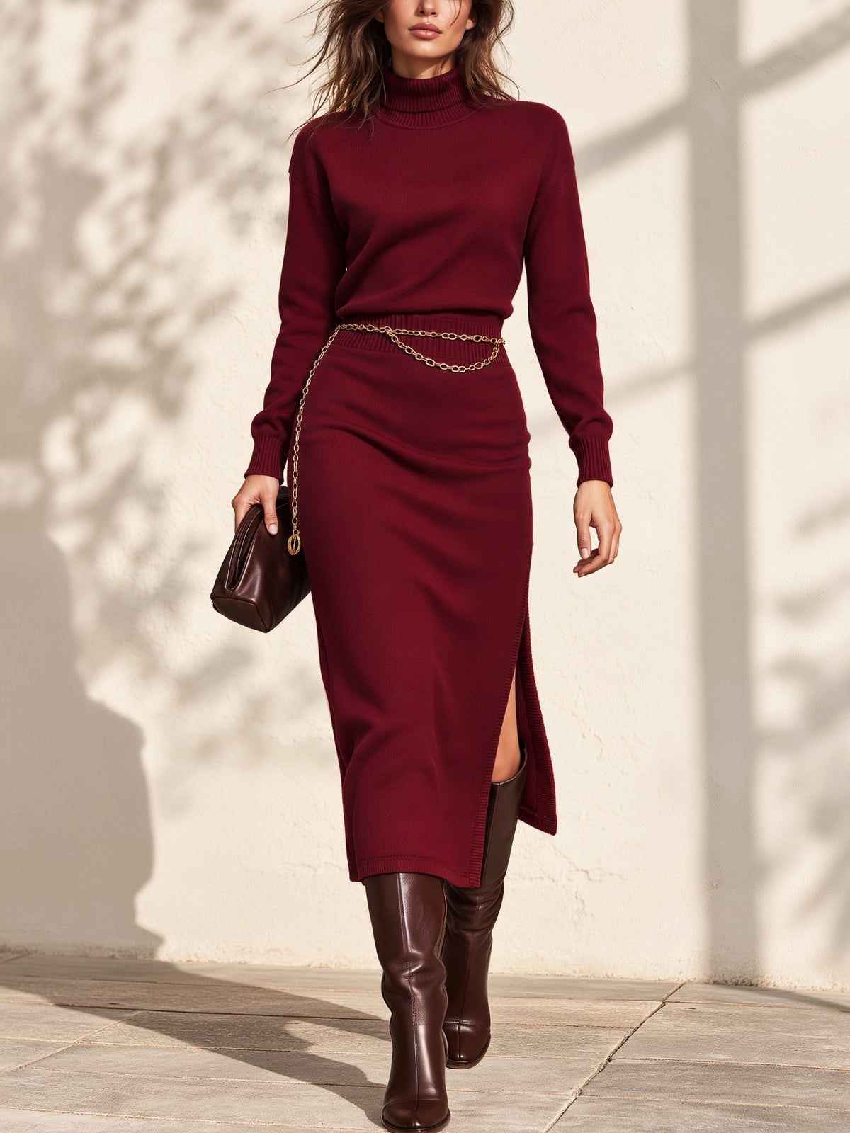 Turtleneck Long Sleeve Knit Sweater Midi Dress With Side Slit