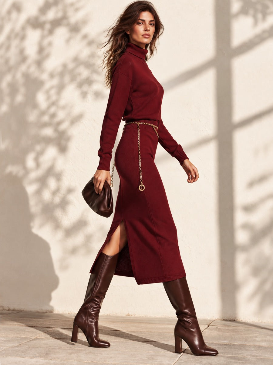 Turtleneck Long Sleeve Knit Sweater Midi Dress With Side Slit