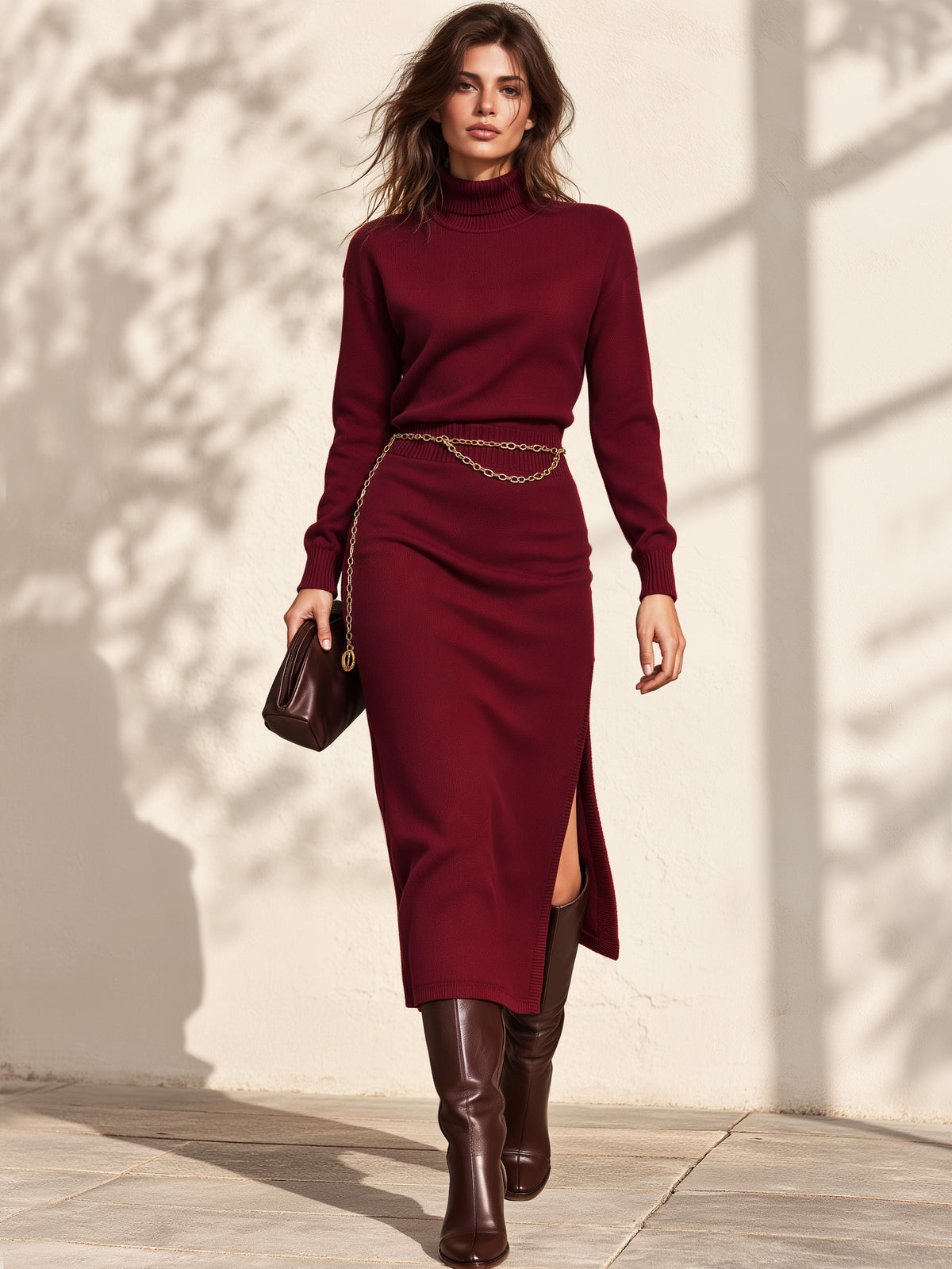 Turtleneck Long Sleeve Knit Sweater Midi Dress With Side Slit