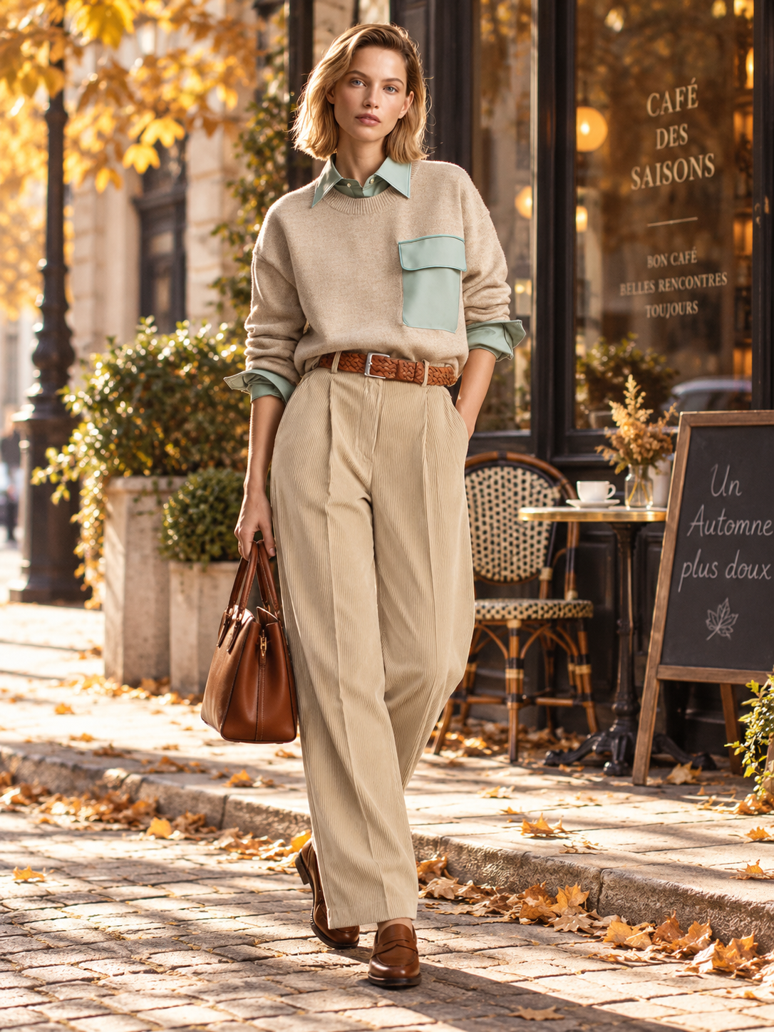 Beige Crewneck Knit Sweater With Sage Green Shirt Collar And Utility Pocket