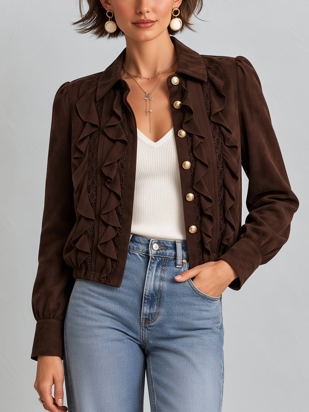 Suede Ruffle Trim Cropped Jacket