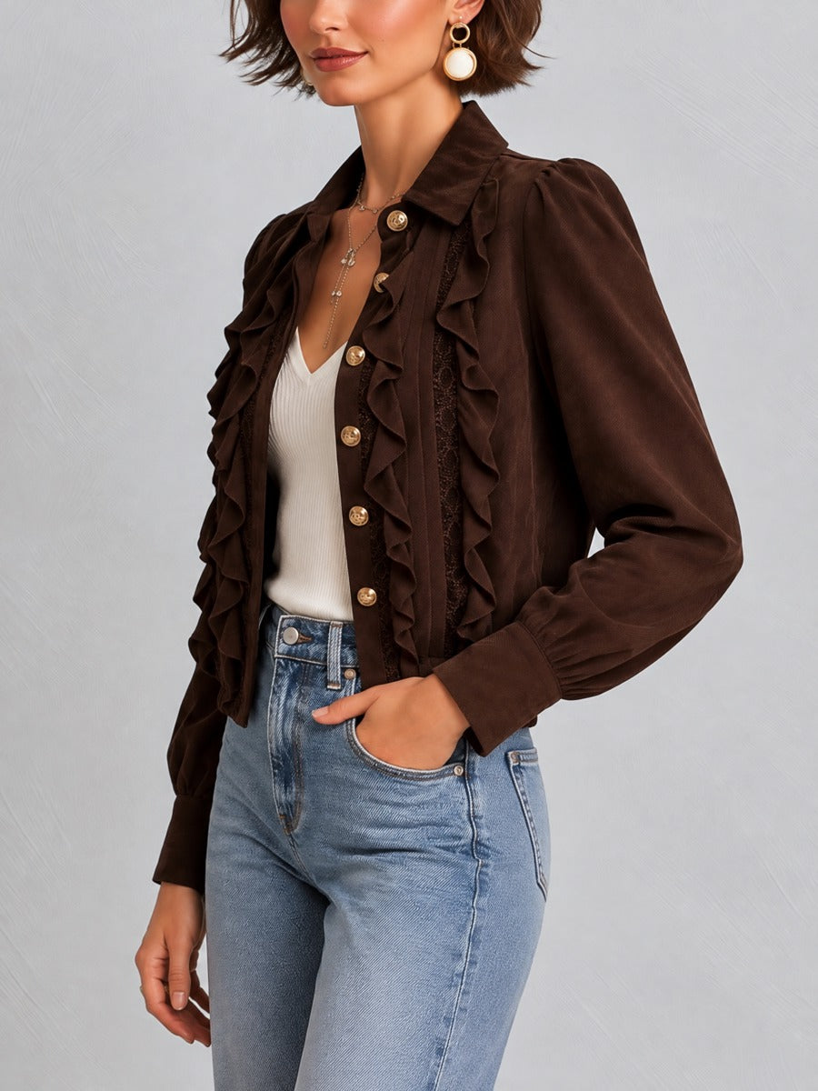 Suede Ruffle Trim Cropped Jacket