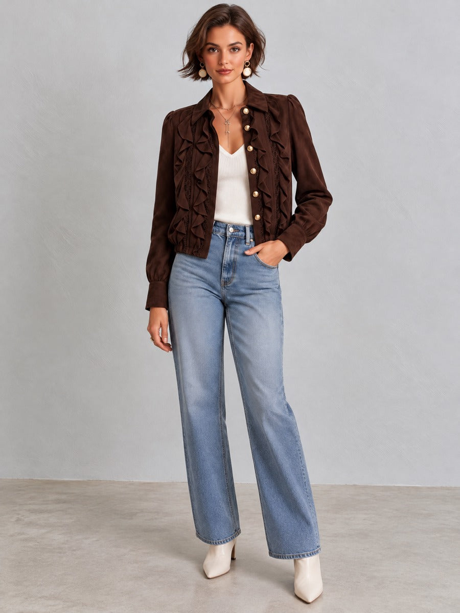 Suede Ruffle Trim Cropped Jacket