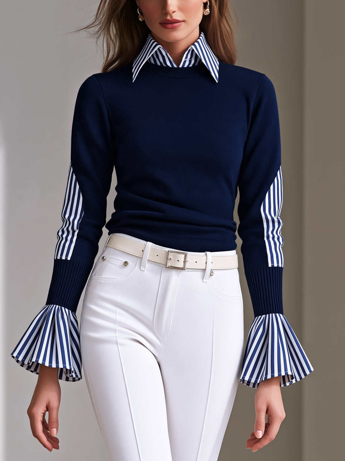 Faux Two-Piece Striped Collar Knit Sweater