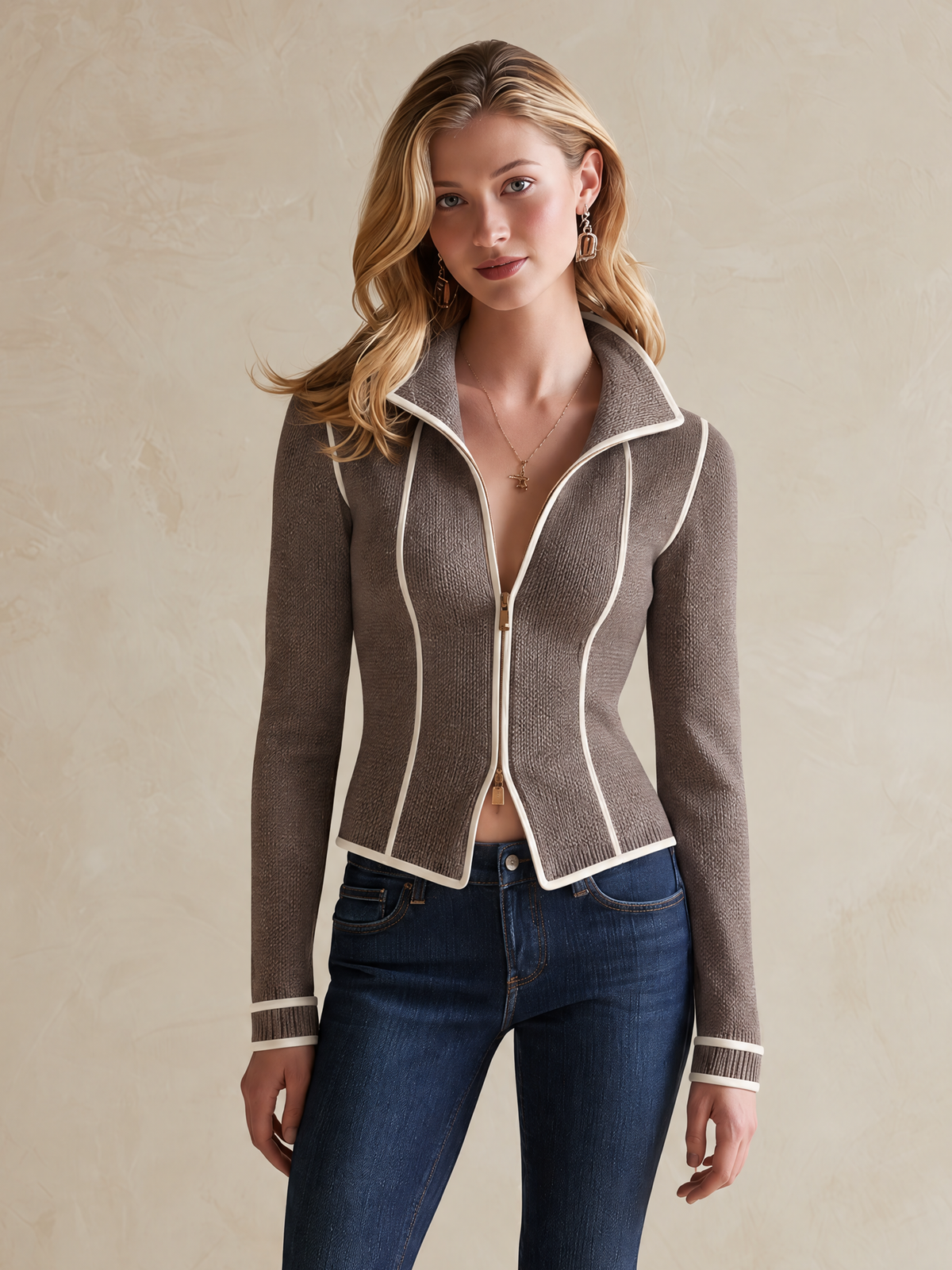 Elegant Taupe Knit Cardigan With White Contrast Piping