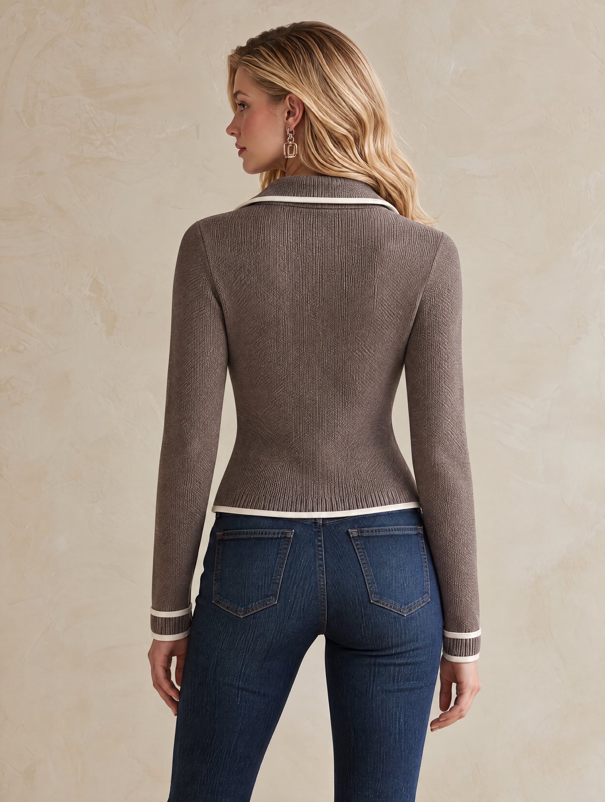 Elegant Taupe Knit Cardigan With White Contrast Piping