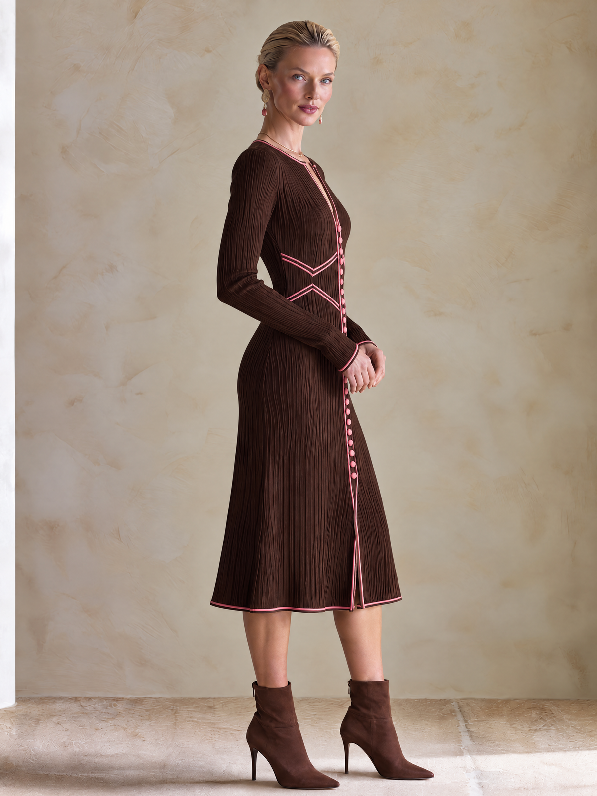 Elegant Brown Knit Midi Dress With Pink Contrast Piping & Front Button Details