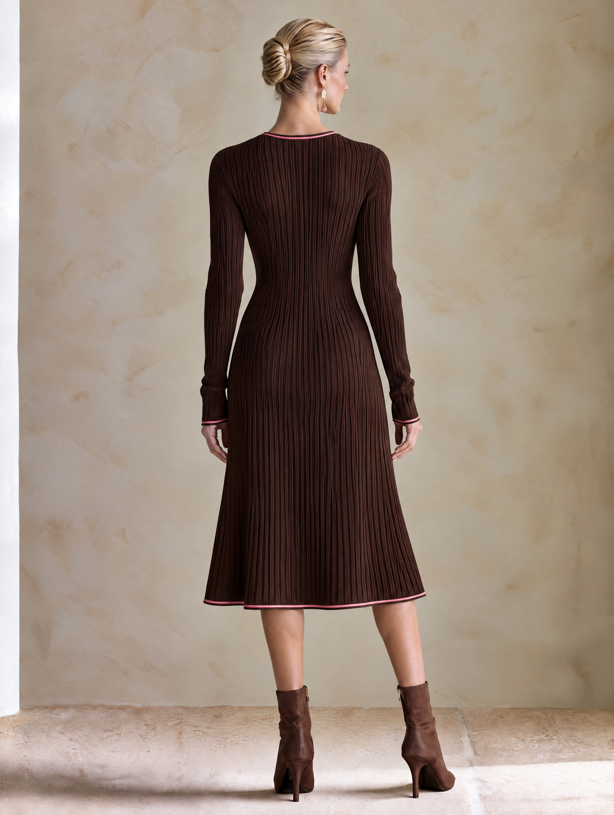 Elegant Brown Knit Midi Dress With Pink Contrast Piping & Front Button Details