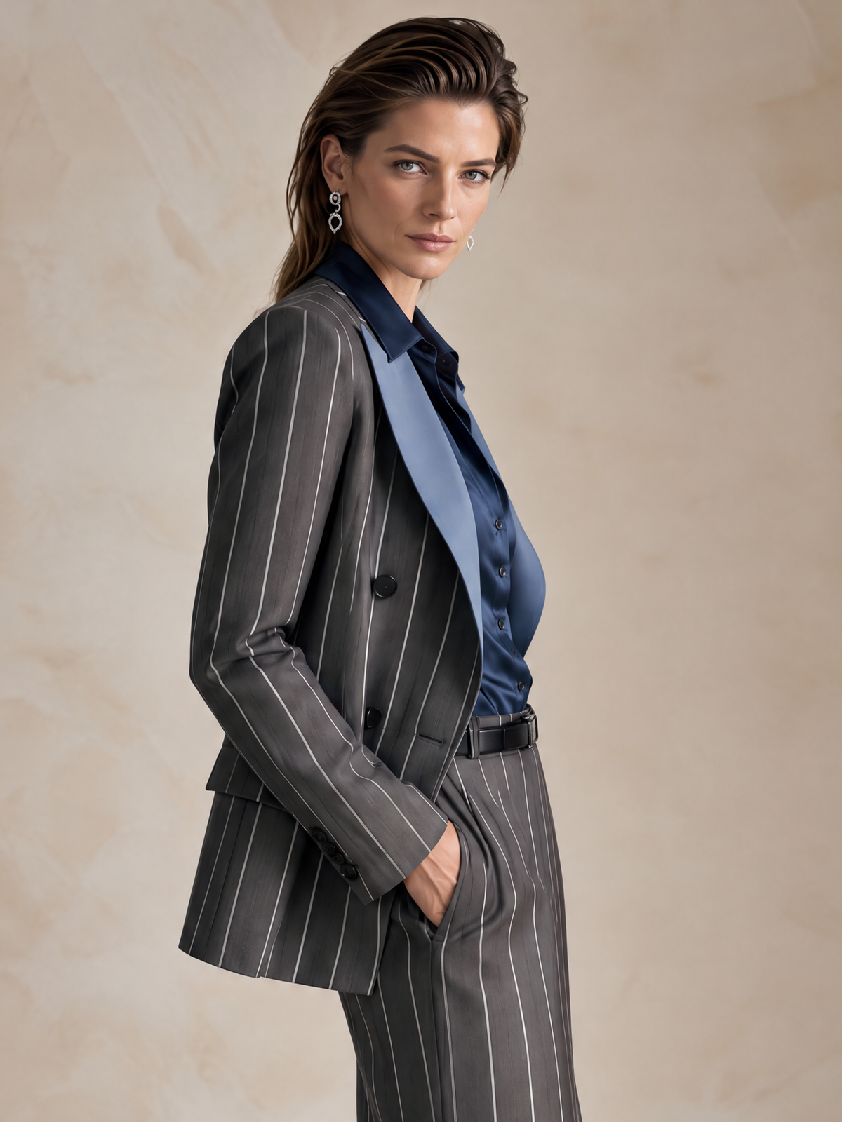 Elegant Charcoal Pinstripe Blazer With Navy Satin Contrast Lapels