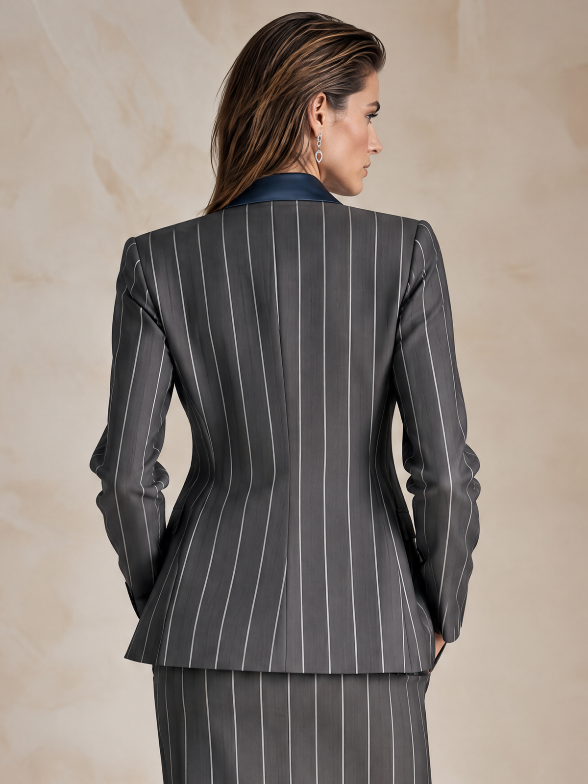 Elegant Charcoal Pinstripe Blazer With Navy Satin Contrast Lapels