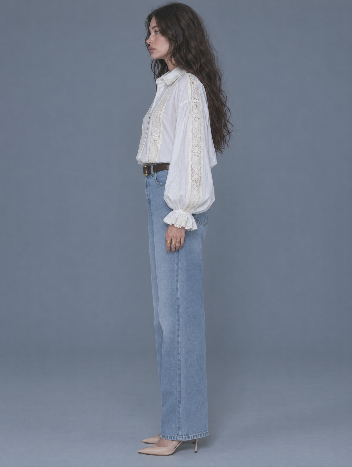 White Lace-Trim Button-Front Ruffle Sleeve Blouse With Puff Sleeves