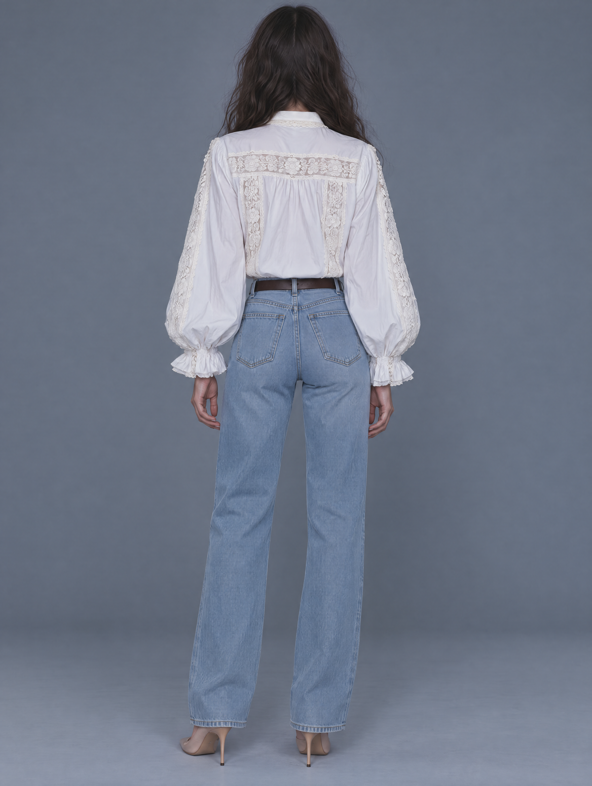 White Lace-Trim Button-Front Ruffle Sleeve Blouse With Puff Sleeves