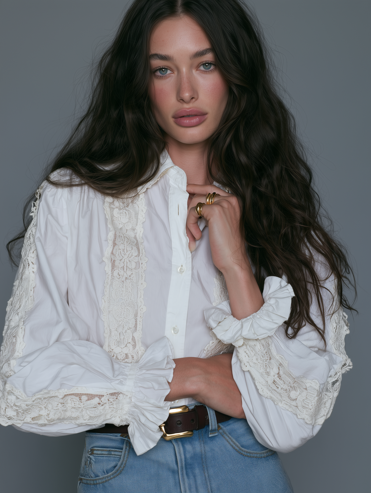 White Lace-Trim Button-Front Ruffle Sleeve Blouse With Puff Sleeves