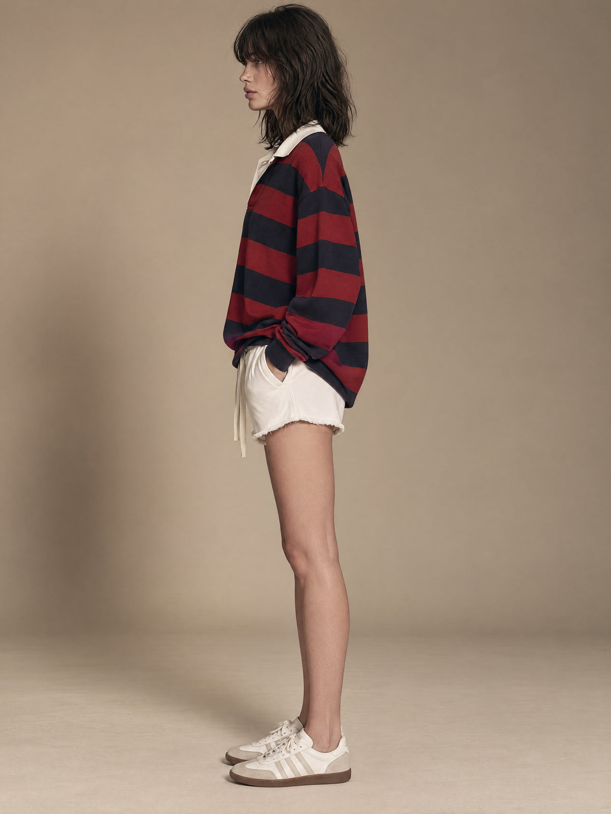 Navy And Burgundy Striped Rugby Polo Sweater With Contrast White Collar And Cuffs